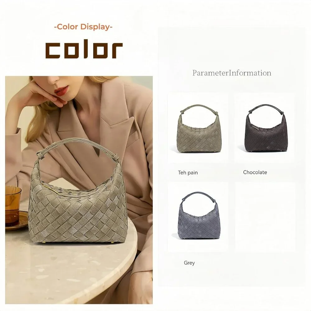 Luxurious Suede Hobo Bag - Women's Woven Leather Shoulder Bag with Spacious Inte - Picture 8 of 9